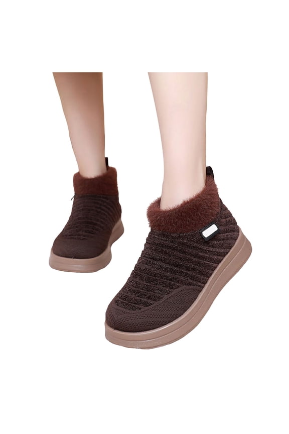 Women's Knit Snow Boots Furry Lined Slip on Winter Ankle Booties Casual Platform High Top Walking Shoes Brown Size 5