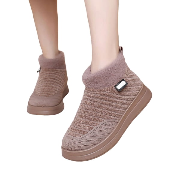Women's Knit Snow Boots Furry Lined Slip on Winter Ankle Booties Casual Platform High Top Walking Shoes Khaki Size 8