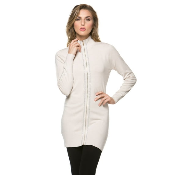Women's Knit Solid Embellished Long Sleeves Cardigan Sweater Tunic with Zipper Closure