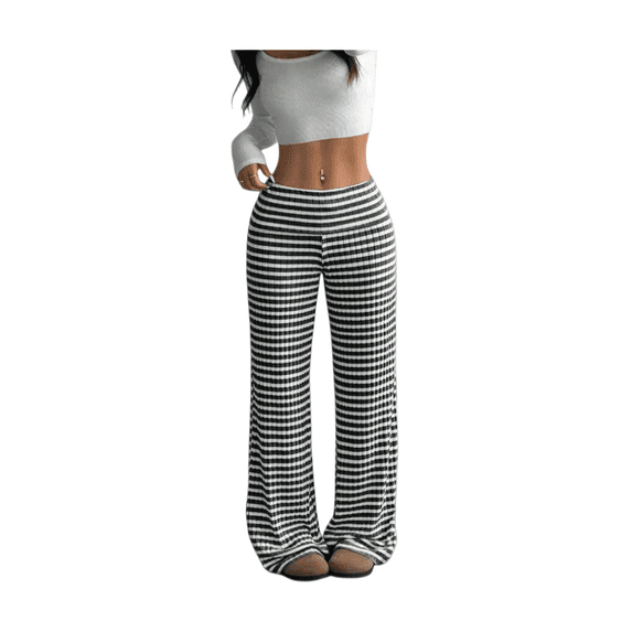 Women’s Knit Straight-Leg Pants, Soft Stretch Casual Trousers, Lightweight Striped or Solid Lounge Bottoms, High-Waist Relaxed Fit Pants for Daily Wear & Travel