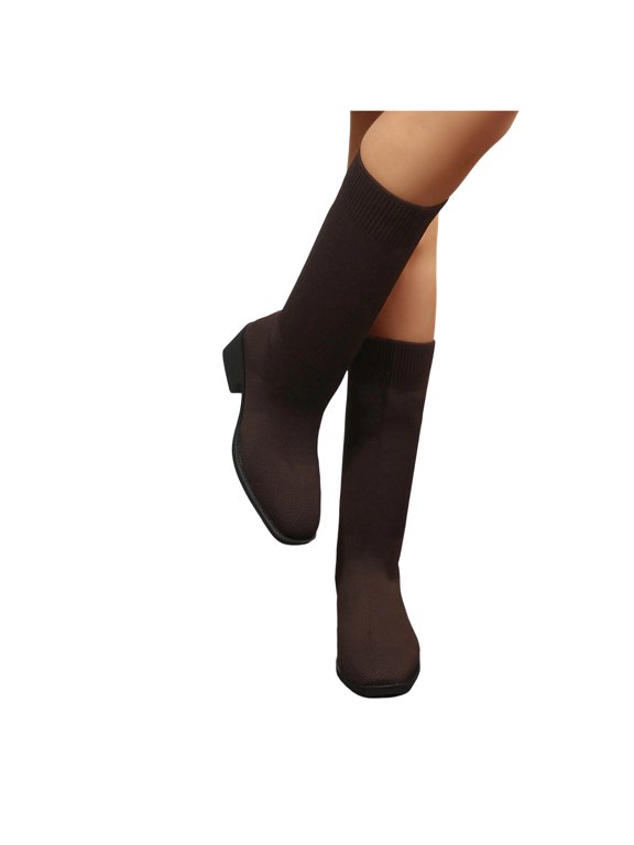 Women's Knit Stretch Sock Boot Low Block Heel Round Toe Side Fall Winter Dress Boots for Women Breathable Comfortable Mid Calf Boots