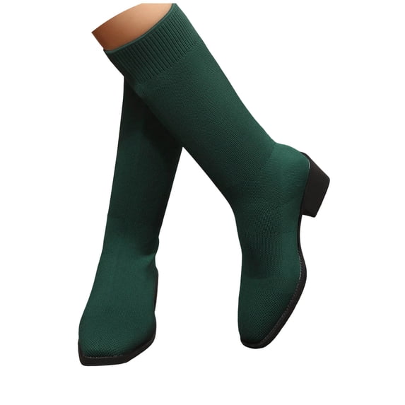 Women's Knit Stretch Sock Boot Low Block Heel Round Toe Side Fall Winter Dress Boots for Women Breathable Comfortable Mid Calf Boots