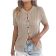 thumbnail image 1 of Women's Knit Summer Blouses Button Down Short Sleeve Crewneck Soft Cardigan Sweater Tops Dressy Casual (XL, Khaki), 1 of 8
