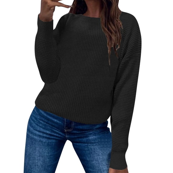 Women's Knit Sweater Color Block Pullover Long Sleeve Sweaters Tops Solid Print Black M