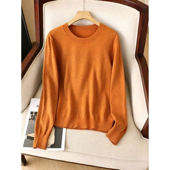 Women's Knit Sweater Crew Neck Long Sleeve Fitted Ribbed Cuffs Hem Lightweight Pullover for Fall Winter Layering Office Commute Daily Outfits