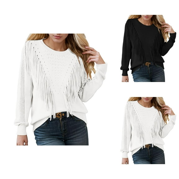 Women’s Knit Sweater, Crewneck Fringe Tassel Pullover Top, Soft Long Sleeve Fall Winter Casual Clothing