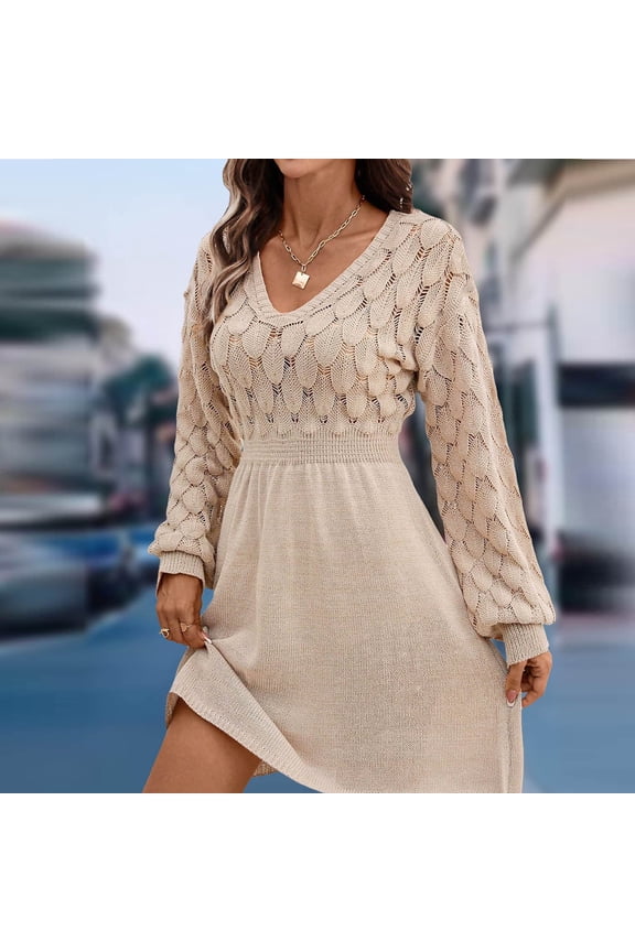 Women's Knit Sweater Dress Loungewear V Neck Thin Long Sleeve Fall Casual Knit Pullover Cover up Short Dresses Beige XL