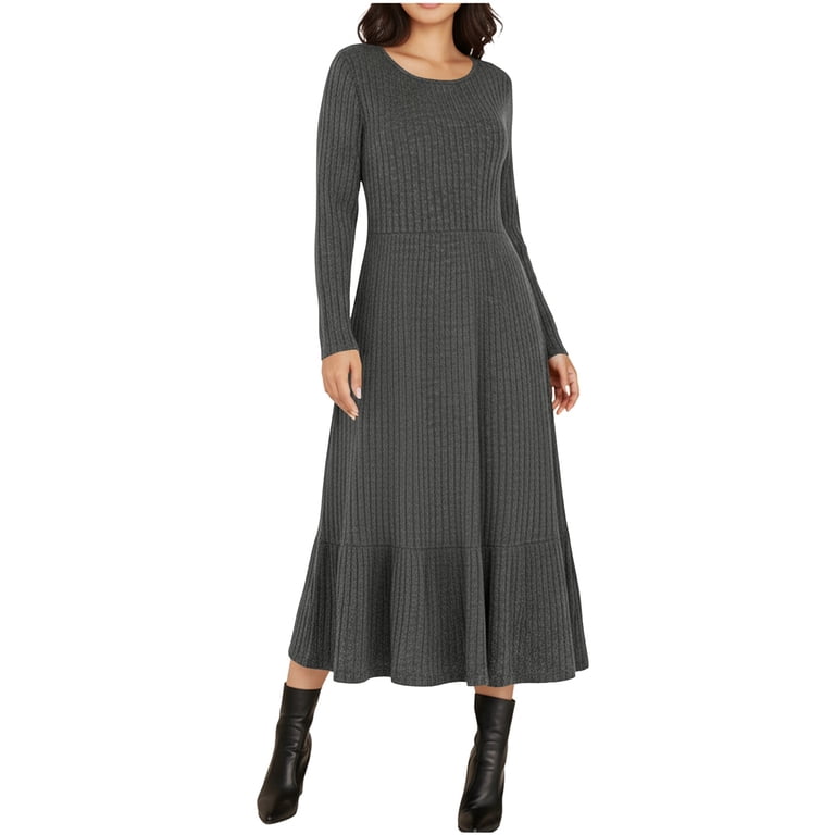 Lokisa Women's Knit Sweater Dress, Round Neck Long Sleeve Ruffle Hem Loose Swing Dress, Flowy Casual Dress for Spring Fall, Date Night and Daily Wear