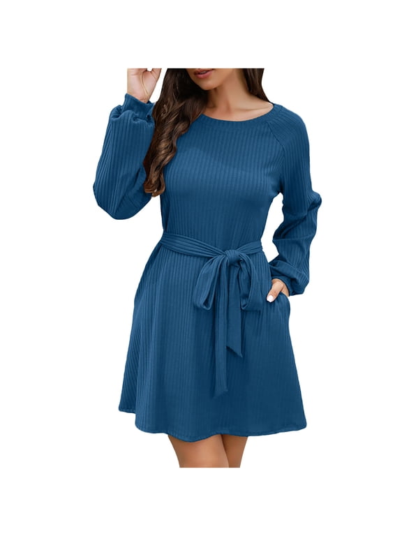 Women's Knit Sweater Dress Round Neck Long Sleeve Sweaters Tie Waist Casual Loose Fall Mini Dresses with Pockets Ladies Clothes