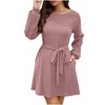 thumbnail image 1 of Women's Knit Sweater Dress Round Neck Long Sleeve Sweaters Tie Waist Casual Loose Fall Mini Dresses with Pockets Ladies Clothes, 1 of 4