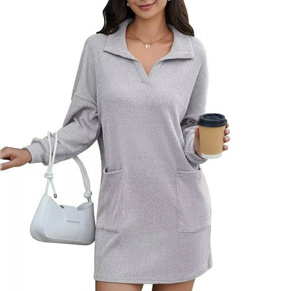 Women's Knit Sweater Dresses Lapel Neck Long Sleeves Loose Mini Dresses With Pocket