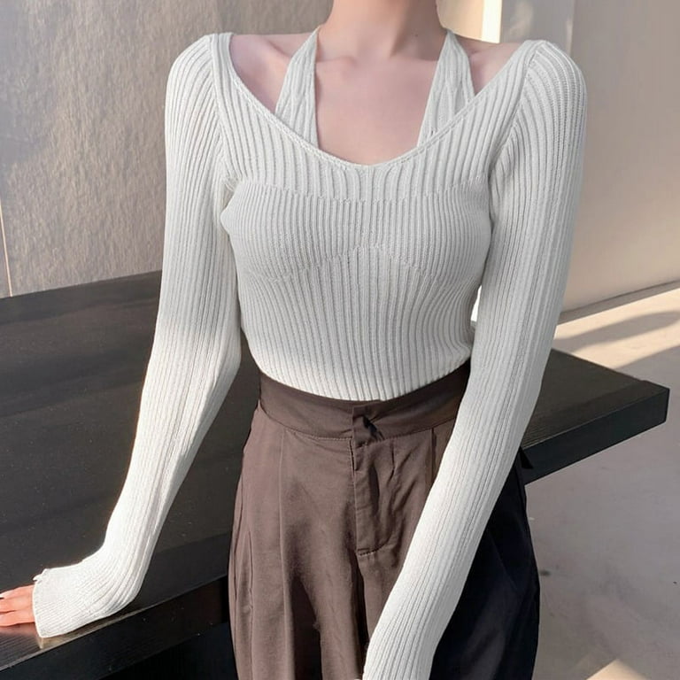 Women's Knit Sweater Long Sleeve Off Shoulder Halter Neck Tops