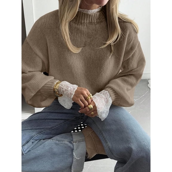 Women's Knit Sweater Mock Neck Long Sleeve Lace Cuffs Loose Fit Ribbed Hem Pullover for Fall Winter Layering Office Commute Date Night Outfits