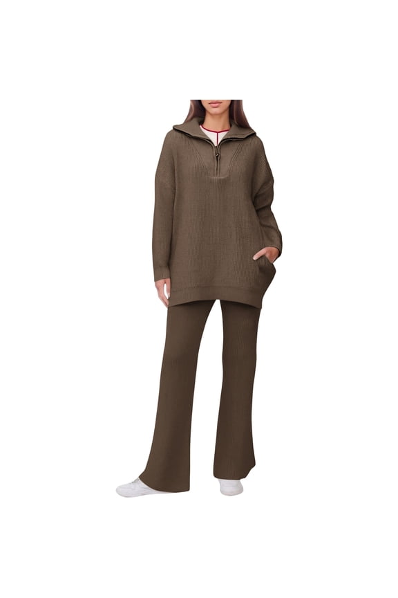 Women's Knit Sweater Set, Shawl Collar Quarter Zip Top and Wide Leg Pants, Cozy Fall Winter Outfit, Two Piece Lounge Set, Matching Sweatpants Set Brown M