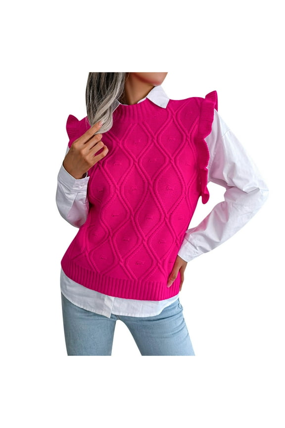 Women's Knit Sweater Vest Crewneck Solid Color Ruffle Sleeveless Sweaters Casual Loose Fit Comfy Pullover Tank Tops