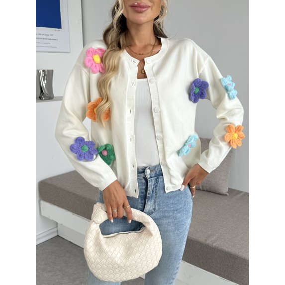 Women’s Knit Sweater with Solid Color & Floral Design