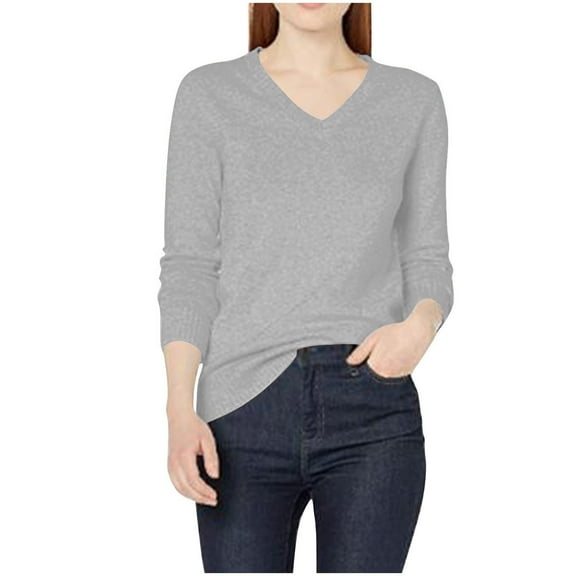 Women's Knit Sweaters Soft V Neck Long Sleeve Solid Pullover Tops Regular-Fit Fall Winter Casual Jumpers (L, Gray)
