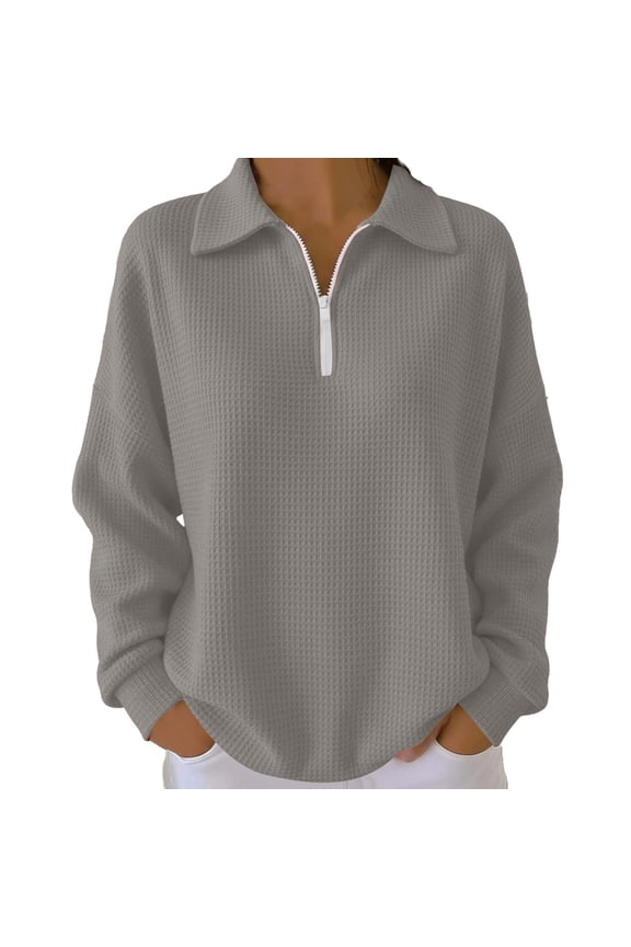 Women's Knit Top 1/4 Zip Pullover Textured Sweatshirt Long Sleeve Loose Fit Casual Tunic Tops