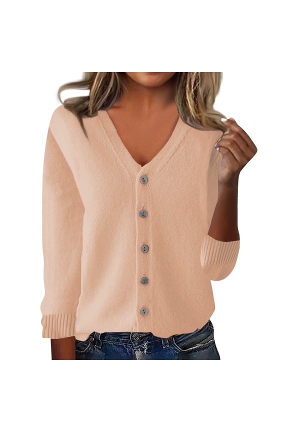 Women's Knit Top 2026 Fall Spring Sweaters Lightweight V-Neck Long Sleeve Open Front Button Up Knitted Cardigans Outerwear Beige S
