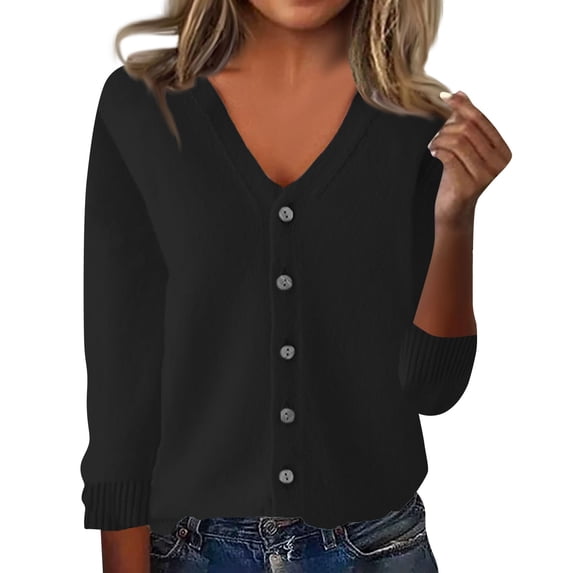 Women's Knit Top 2026 Fall Spring Sweaters Lightweight V-Neck Long Sleeve Open Front Button Up Knitted Cardigans Outerwear Black L