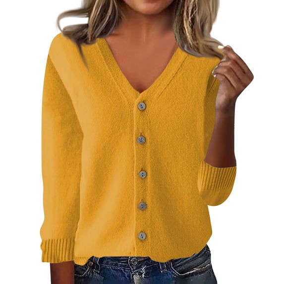 Women's Knit Top 2026 Fall Spring Sweaters Lightweight V-Neck Long Sleeve Open Front Button Up Knitted Cardigans Outerwear Yellow L