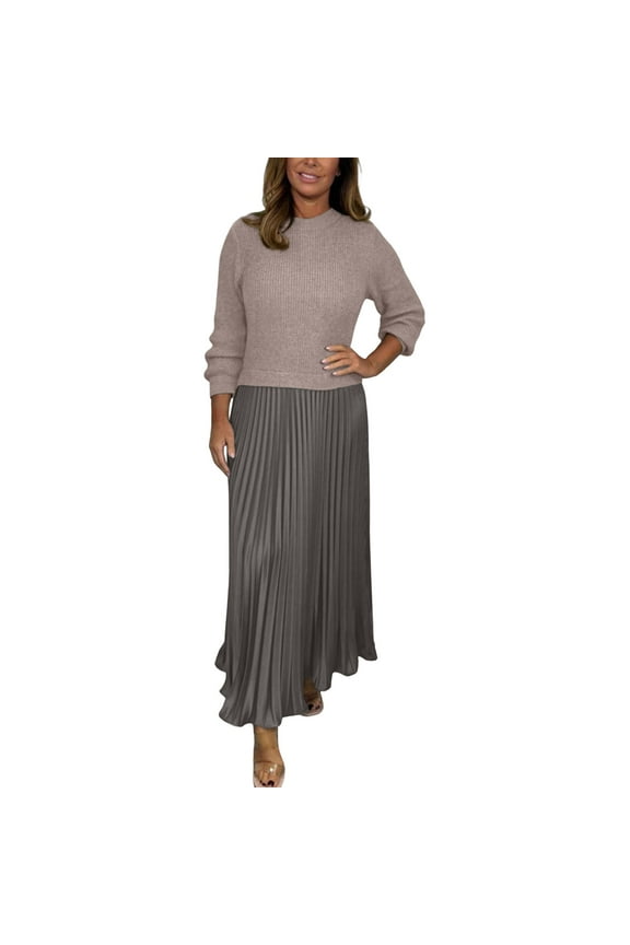 Women's Knit Top Pleated Maxi Dress Long Sleeve Crewneck Ribbed Shirt Solid Maxi Dress Khaki 2XL