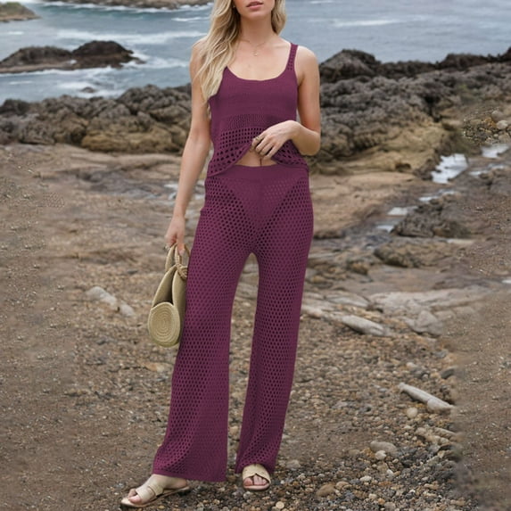 Women's Knit Trousers Suit Summer Outfit Hollow Out Sleeveless Jumpsuit Casual Daily Wear Comfortable Stretchy Two Piece Set Work Out Outfits Janitor Suit for Women Stretch Suit Women Tan Linen Pants