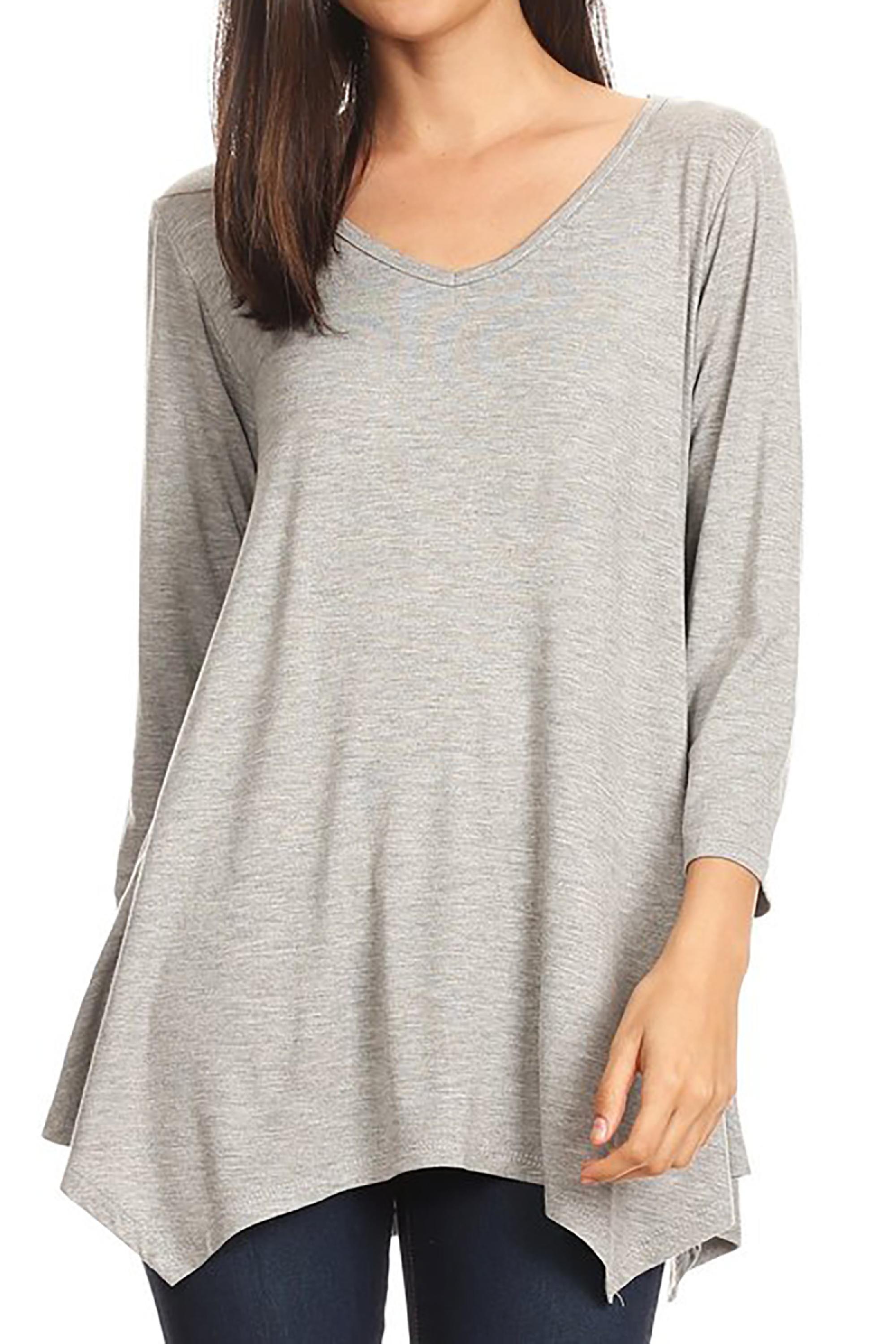 Women's Knit Tunic Tops Asymmetrical 3/4 Sleeve Shirts VNeck Flowy