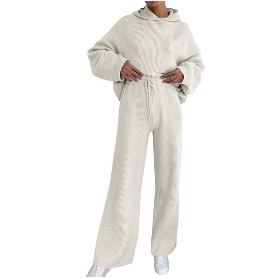 Women’s Knit Two Piece Sweater Set Oversized Long Sleeve Hooded Sweater and Wide Leg Pants Matching Fall Travel Lounge Outfit Soft Casual Pajama Style Tracksuit for Winter