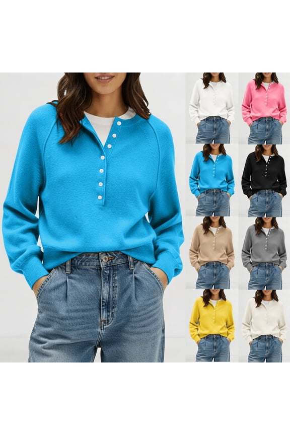 Women's Knit V-Neck Sweater Ihhxva Button Front Oversized Long Sleeve Pullover Top Cozy Casual Winter Chunky Ribbed Soft Relaxed Fit S-2XL