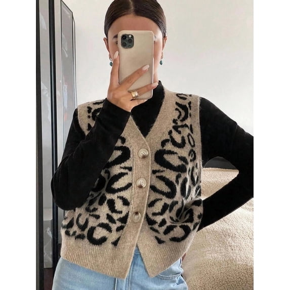Women's Knit Vest V-Neck Button Front Sleeveless Loose Fit Ribbed Cuffs Hem Top for Fall Winter Layering Office Commute Daily Outfits