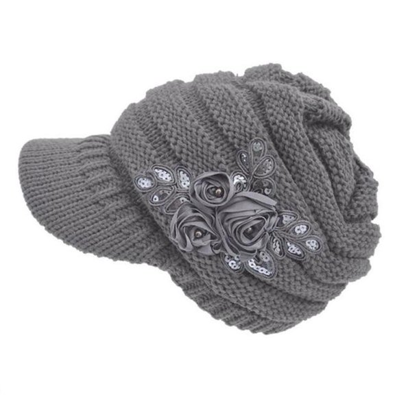 Women's Knit Visor Hat with Flower Some Sort of One Size