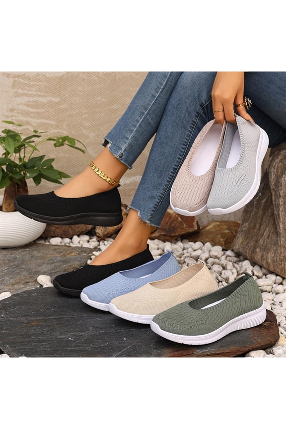 Women's Knit Walking Loafers Lightweight Comfort Round Toe Shoes Soft Non Slip Casual Slip On Mom Shoes for Daily Work Outdoor Nurse Shoes