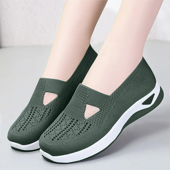 Women's Knit Walking Shoes, Breathable Mesh Slip-On Sneakers with Foam Cushion & Non-Slip Sole, Casual Shoes for Women Outdoor Jogging Dark Green 42