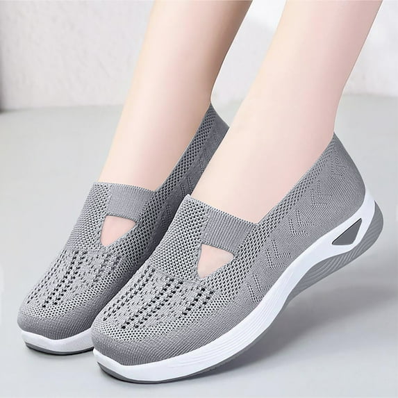 Women's Knit Walking Shoes, Breathable Mesh Slip-On Sneakers with Foam Cushion & Non-Slip Sole, Casual Shoes for Women Outdoor Jogging Gray 37