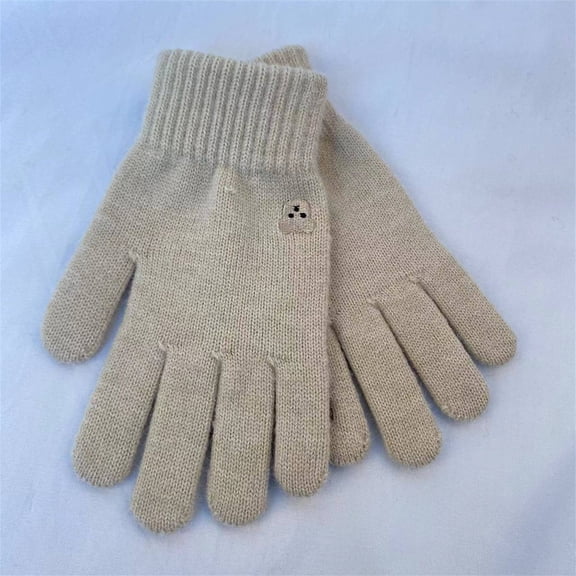 Women's Knit Warm Gloves Solid Color Full Finger Cute Warm Touch Screen Mittens for Cold Weather Sports Casual Golf Gloves Women Beige One Size