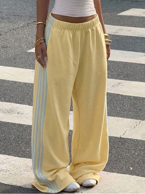 Women's Knit Wide Leg Sweatpants, Patchwork Baggy Casual Pants