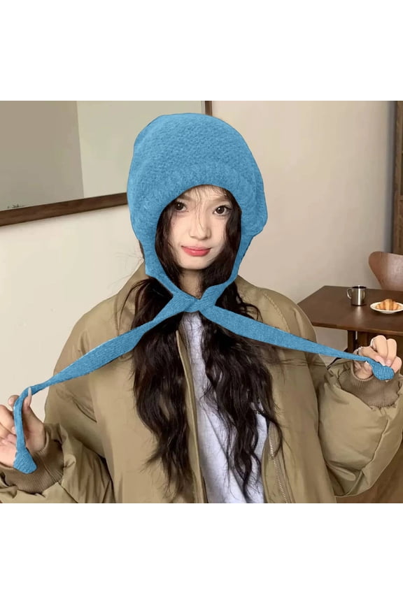 Women's Knit Winter Hat with Ear Flaps, Thickened Warm Wool Trapper Hat, Cold Proof Lei Feng Hat for Small Face, Soft Beanie for Outdoor Blue