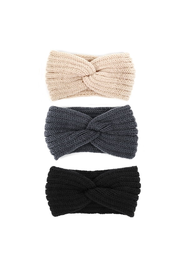 Women's Knit Winter Lined Headbands - Knitted Ear Warmer 3 Pack-Beige/Black/Charcoal Twisted