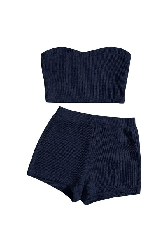 Women's Knitted 2 Piece Outfit Ribbed Crop Top Sleeveless Bandeau Tube Tops and Track Shorts Set