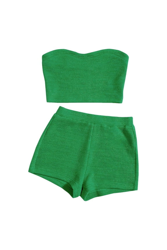 Women's Knitted 2 Piece Outfit Ribbed Crop Top Sleeveless Bandeau Tube Tops and Track Shorts Set