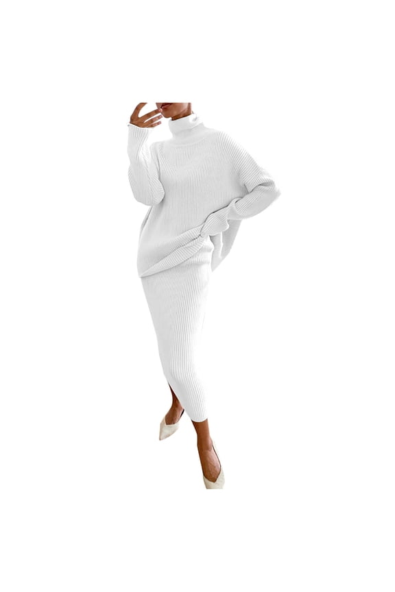 Women's Knitted 2 Piece Outfits Casual Long Sleeve Turtleneck Sweater Top and Slim Midi Skirt Suit Lounge Sets Ladies Clothes