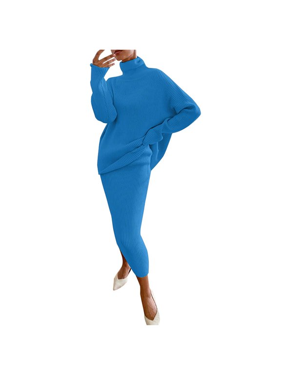 Women's Knitted 2 Piece Outfits Casual Long Sleeve Turtleneck Sweater Top and Slim Midi Skirt Suit Lounge Sets Ladies Clothes