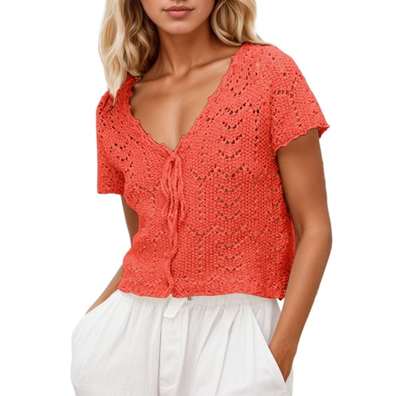 Women's Knitted Beach Short-Sleeved Cut-Out Knitted Cardigan Watermelon Red Xl