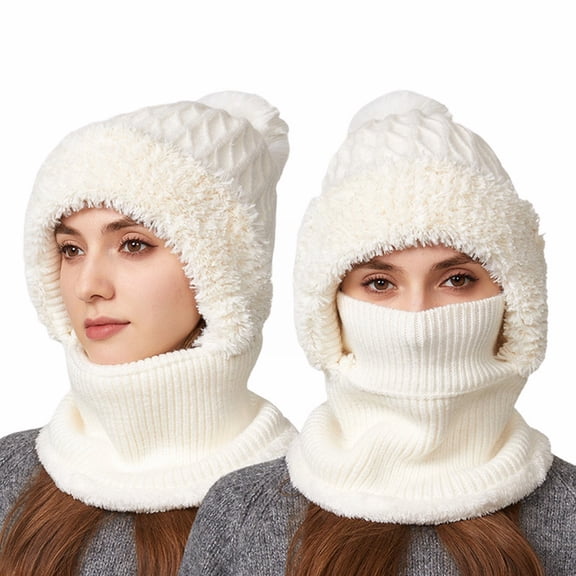 Women's Knitted Beanie Hat with Face Cover Womens Knit Beanie Hat Winter Cold Resistant Hat Face Mask Hooded Scarf Winter Scarf Mask Set Snow Caps Plush Lined Winter Ear Muff Beanie for Cold Weather