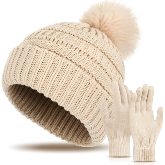 Women's Knitted Beanie Hat Gloves Set Winter Pom Pom Cable Knit Hat with Warm Stretchy Gloves for Women