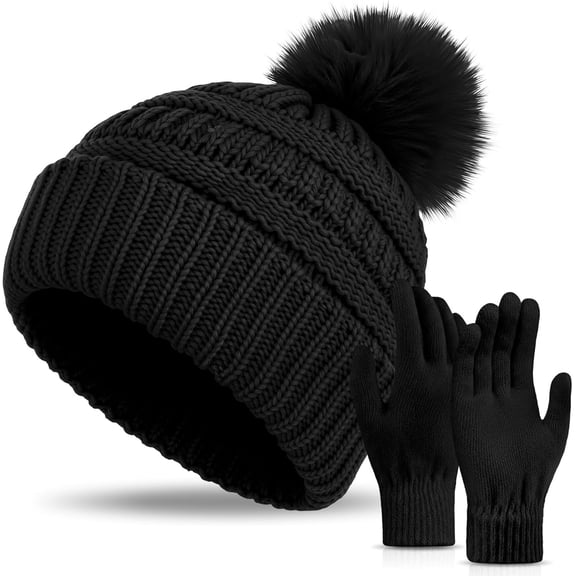 Women's Knitted Beanie Hat Gloves Set Winter Pom Pom Cable Knit Hat with Warm Stretchy Gloves for Women