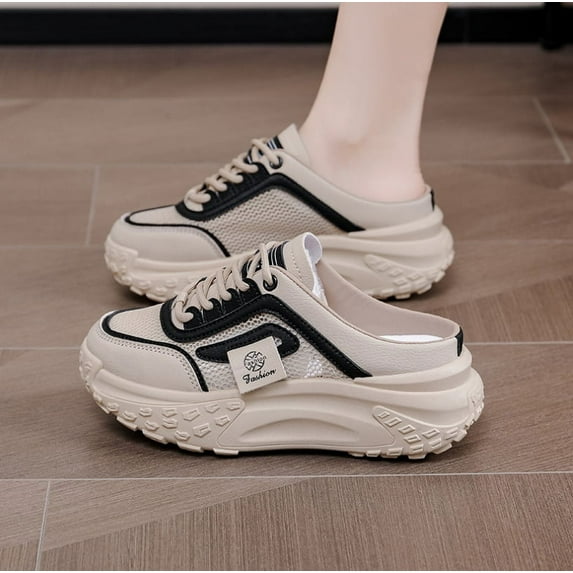 Women's Knitted Breathable Mesh Platform Thick Sole Mule Sneakers Classic Lace-Up Orthopedic Slip-On Slingback Loafers Slippers Summer Comfortable Casual Walking Shoes