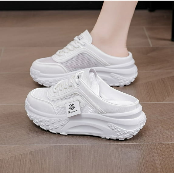 Women's Knitted Breathable Mesh Platform Thick Sole Mule Sneakers Classic Lace-Up Orthopedic Slip-On Slingback Loafers Slippers Summer Comfortable Casual Walking Shoes