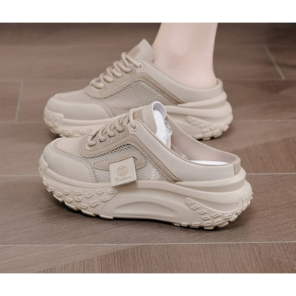 Women's Knitted Breathable Mesh Platform Thick Sole Mule Sneakers Classic Lace-Up Orthopedic Slip-On Slingback Loafers Slippers Summer Comfortable Casual Walking Shoes